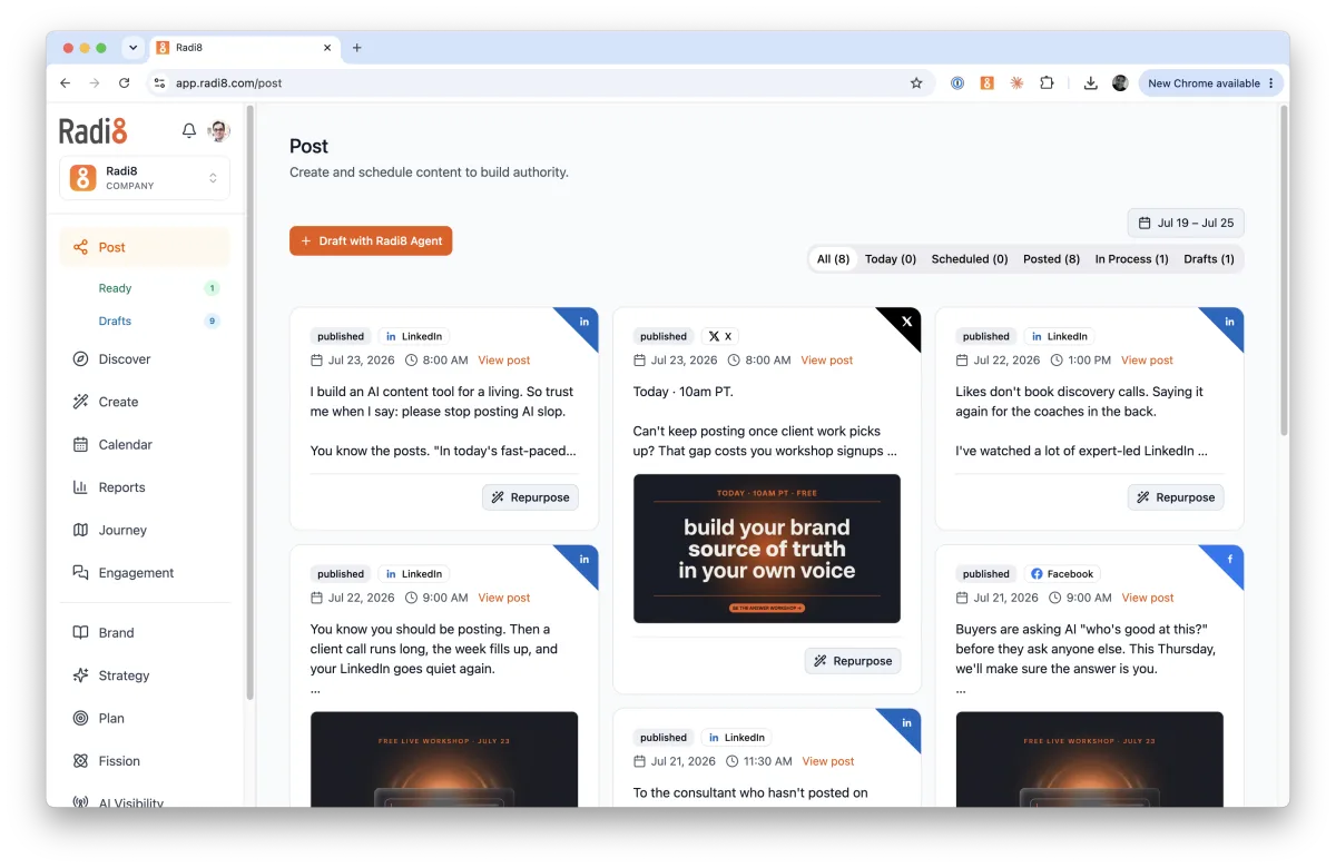 Radi8 Post view showing published LinkedIn, X, and Facebook posts written in the user's own voice
