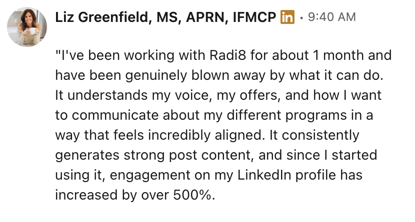 Liz Greenfield's LinkedIn post about Radi8