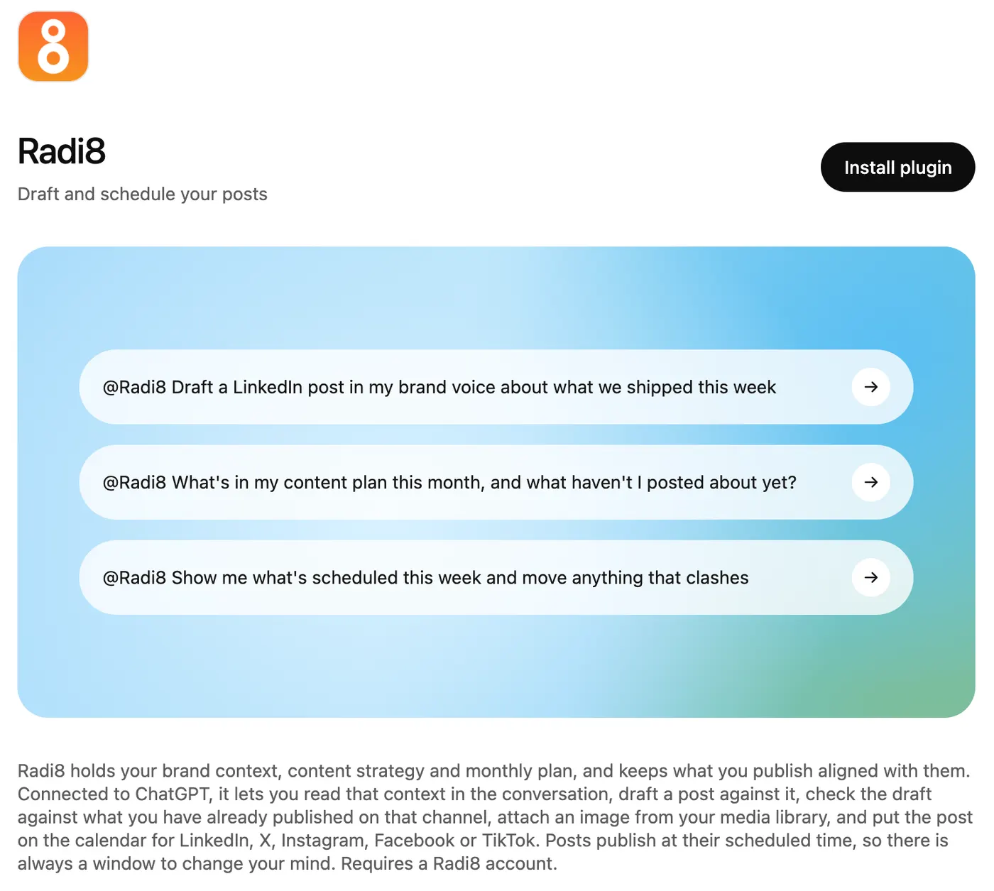 The Radi8 plugin page in ChatGPT, with the Install plugin button at the top right and three example prompts that start with @Radi8.