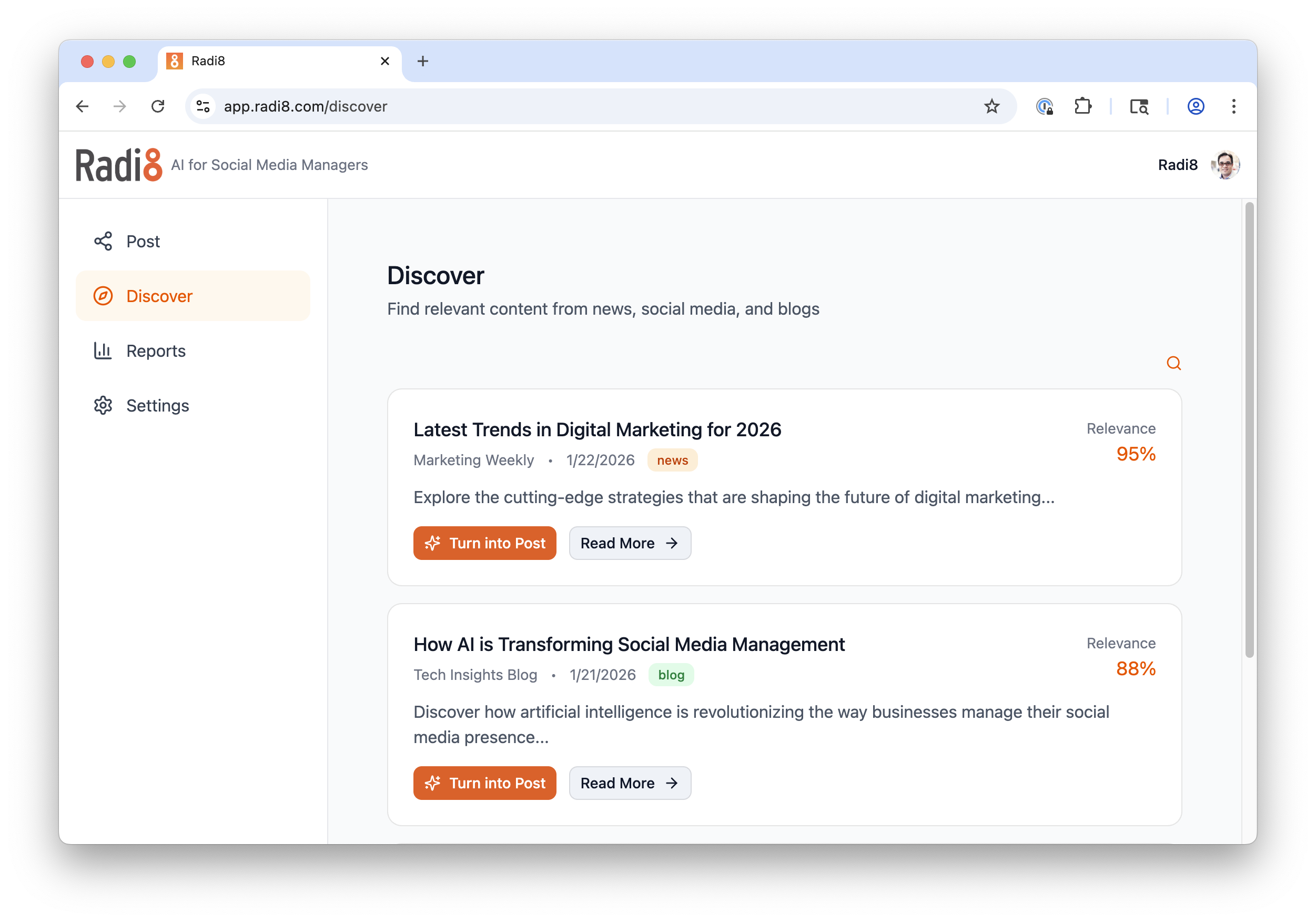 Radi8 discover feed screenshot