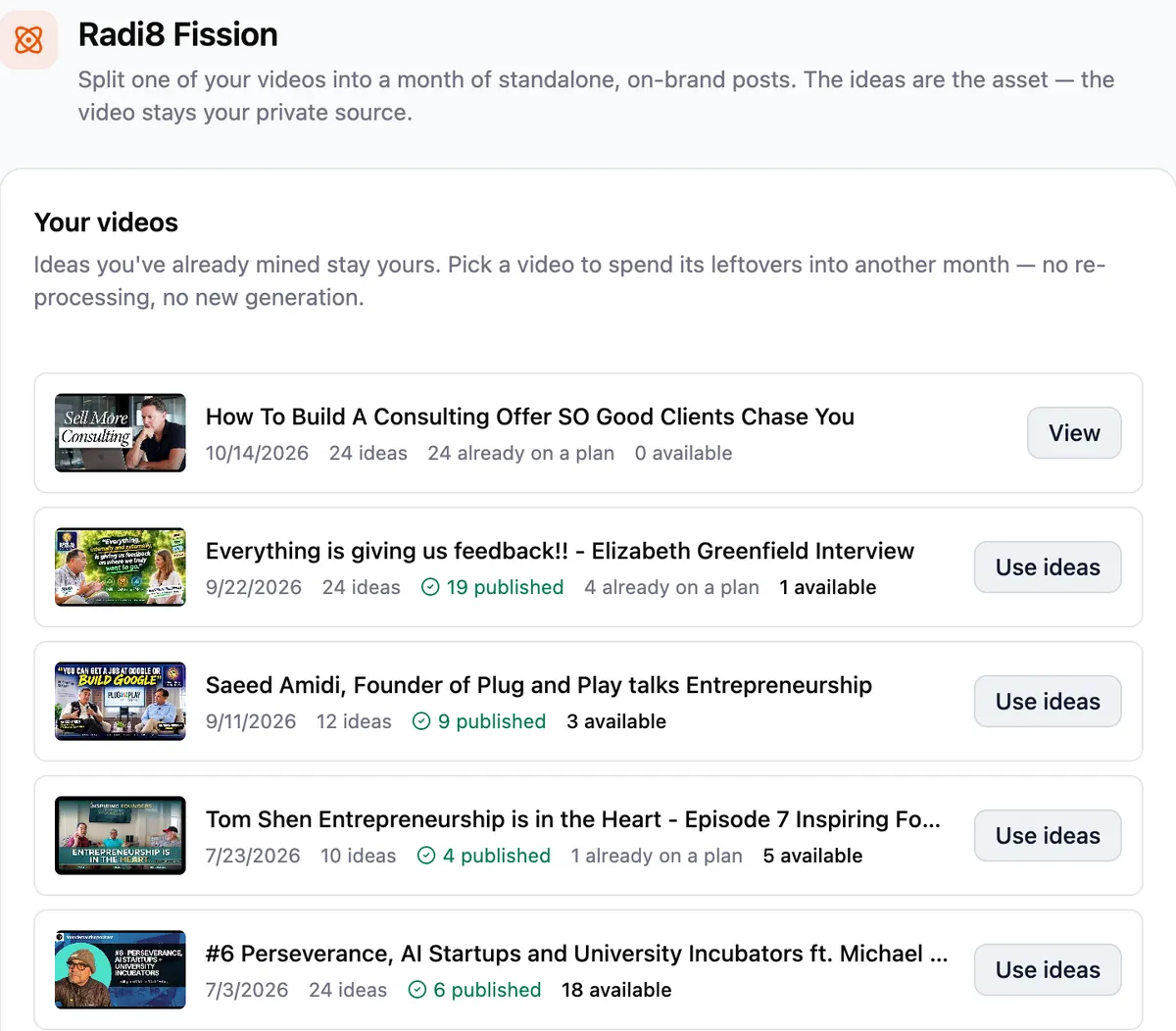 Your videos in Radi8 Fission: five interviews and talks, each with its idea count and how many ideas are published, already on a plan, or still available