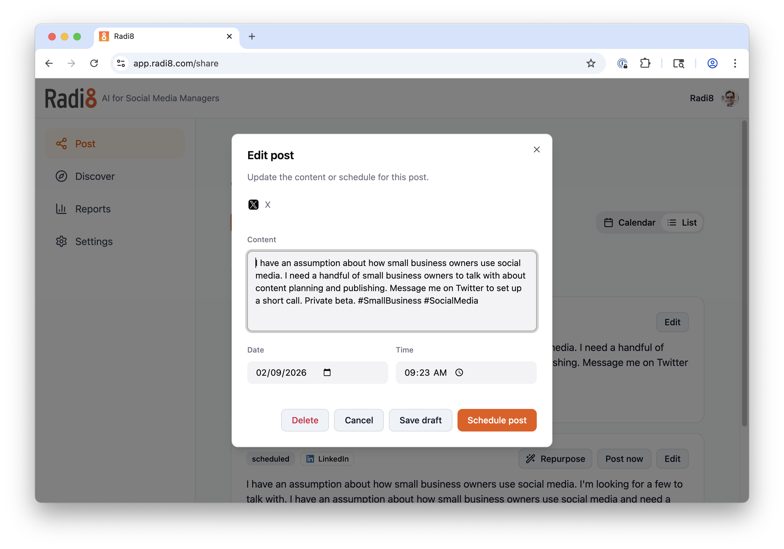 Radi8 scheduling modal screenshot