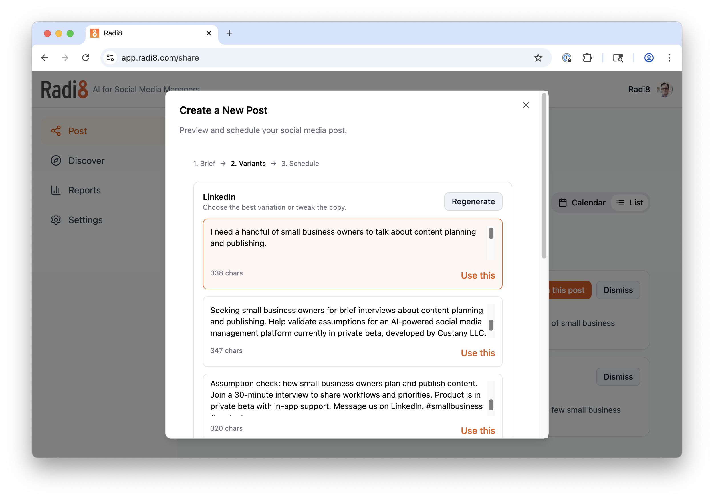 Radi8 post variations screenshot